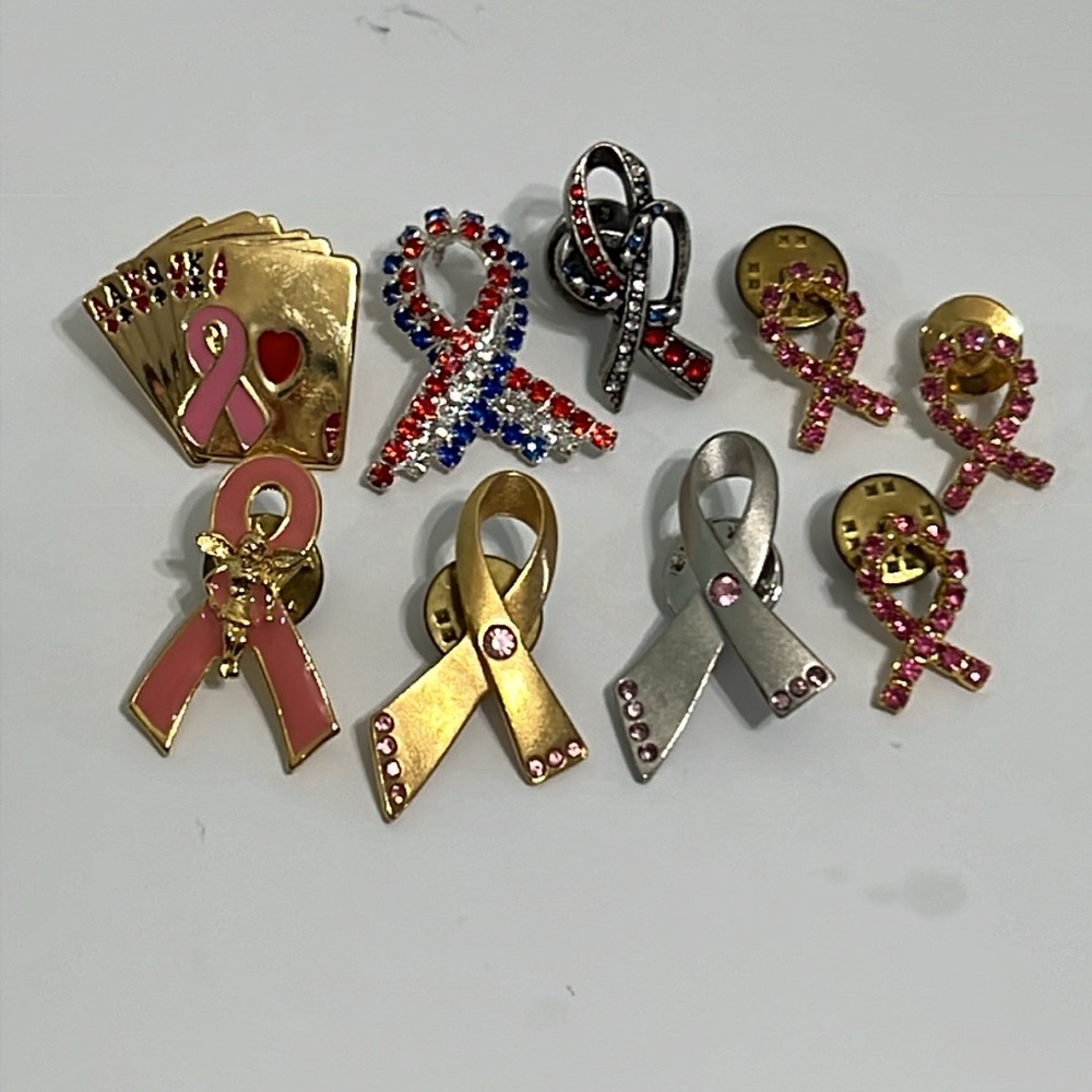 Lot of 9 Cancer Awareness Pink Ribbon Pins Different Colors & Sizes